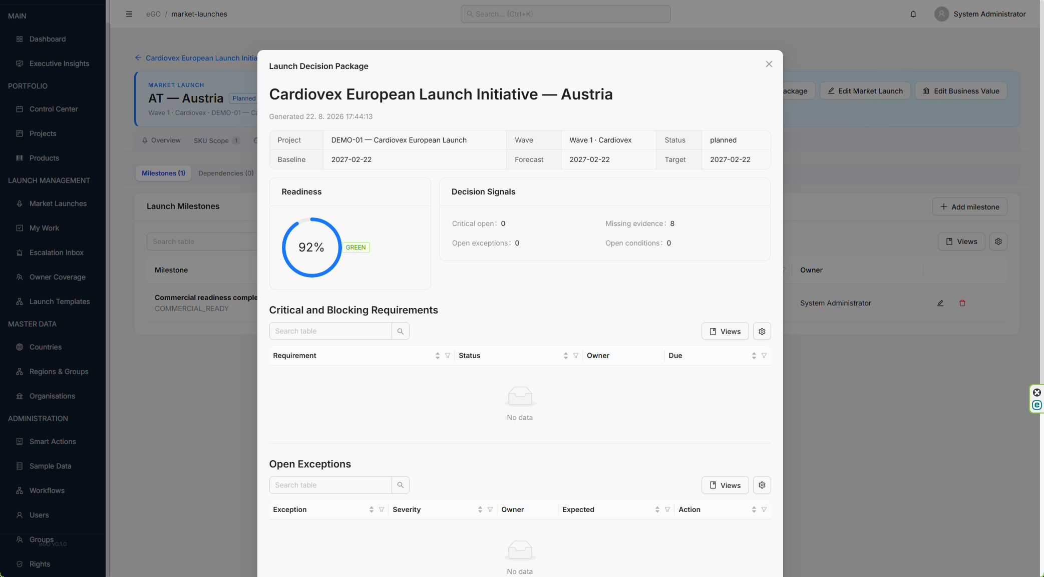 eGO Launch Decision Package with readiness score, decision signals, blocking requirements and open exceptions