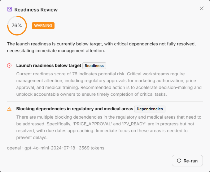 eGO Launch Readiness Review Smart Action with score, verdict and structured risk findings