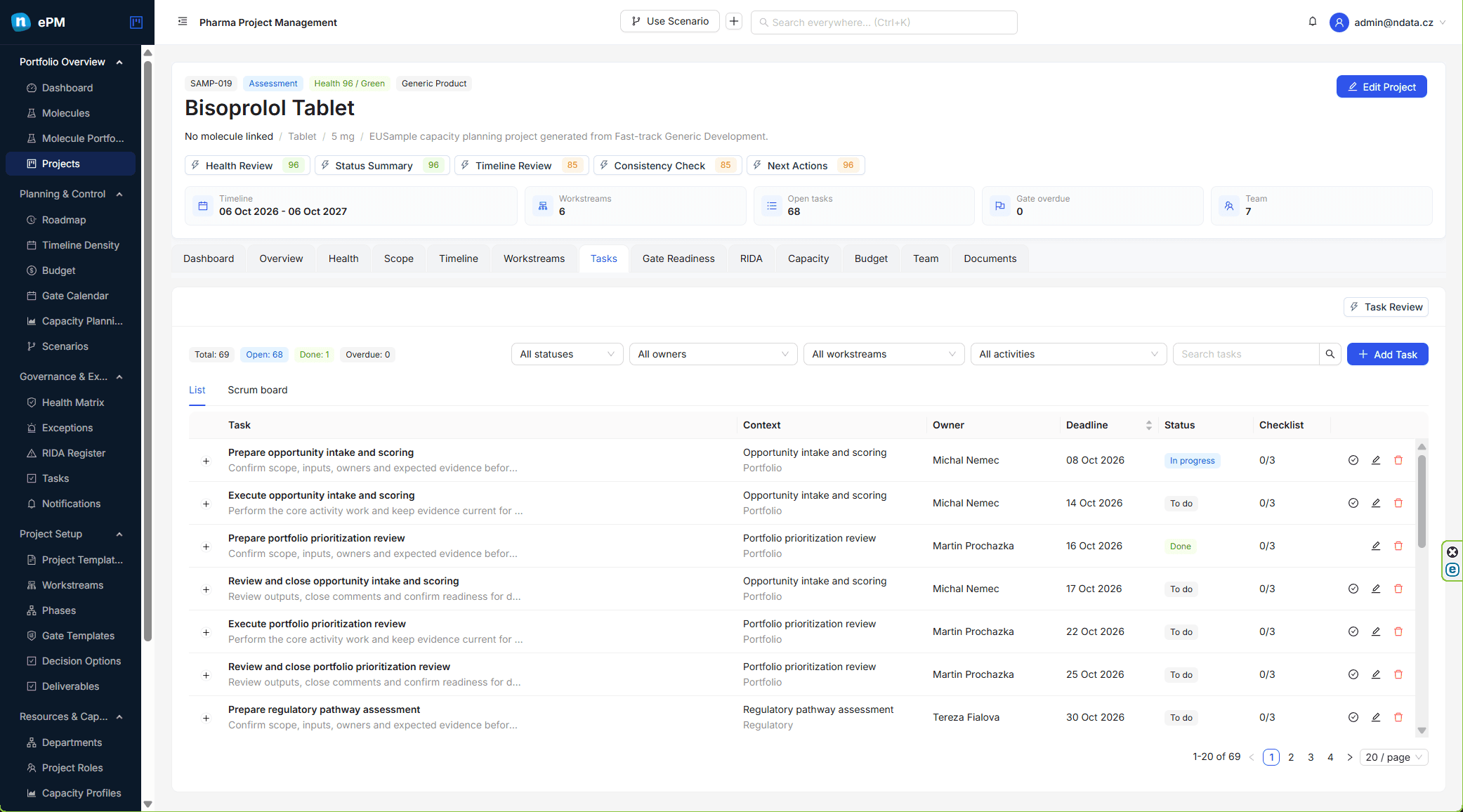 ePM project task board with workstream tasks, owners, status and deadlines