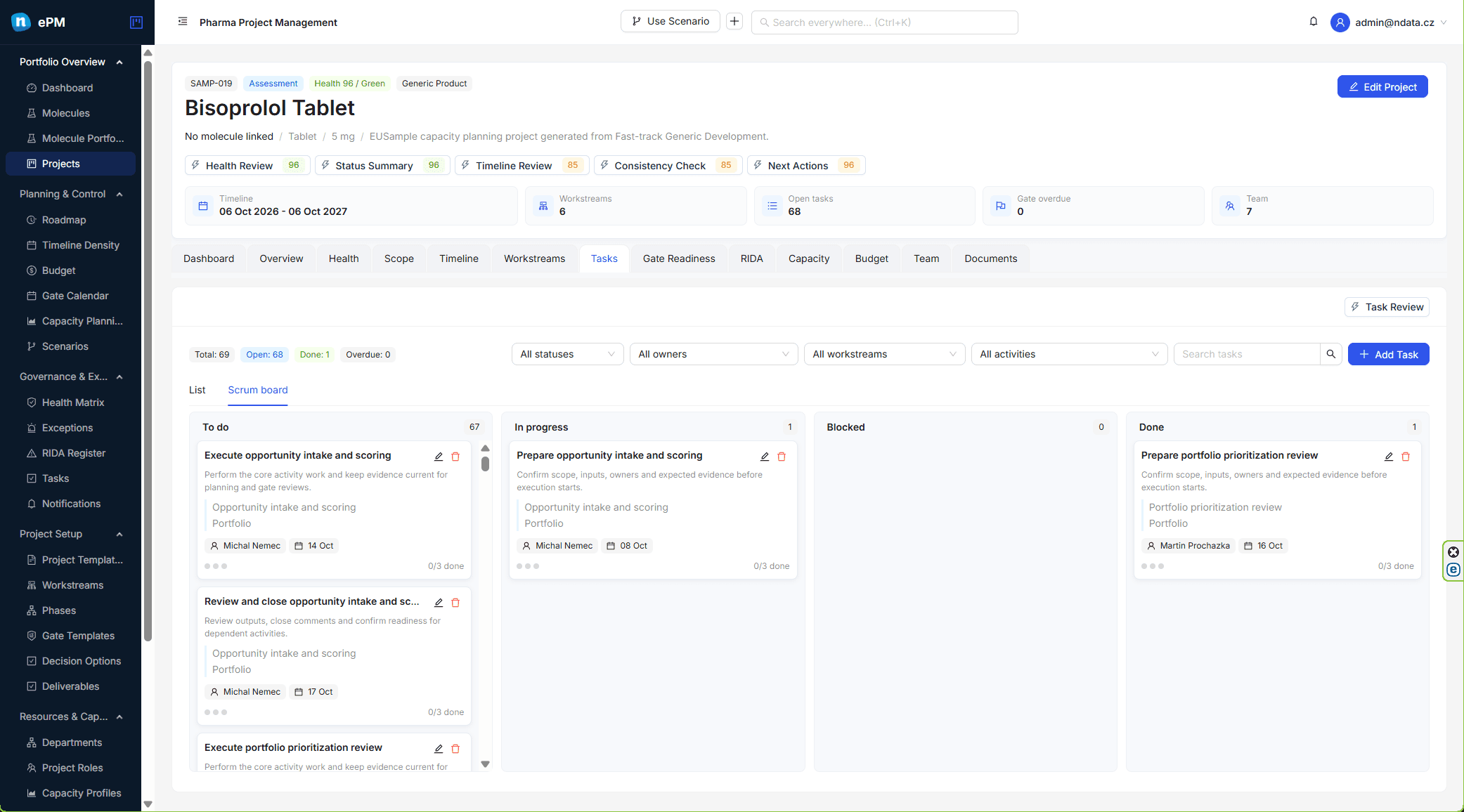 ePM project task list with checklist progress, priorities and due dates