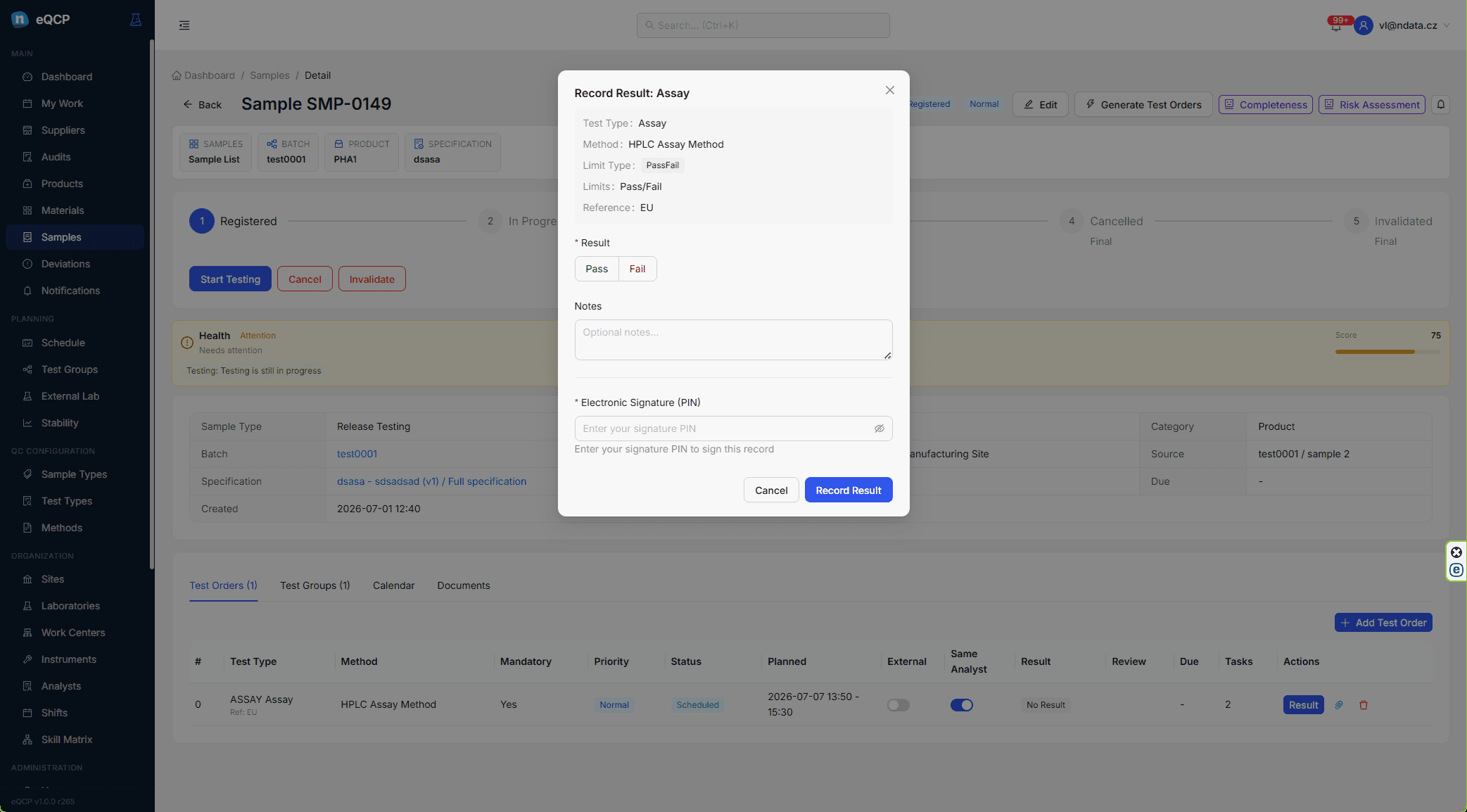 eQCP result review and compliance workspace