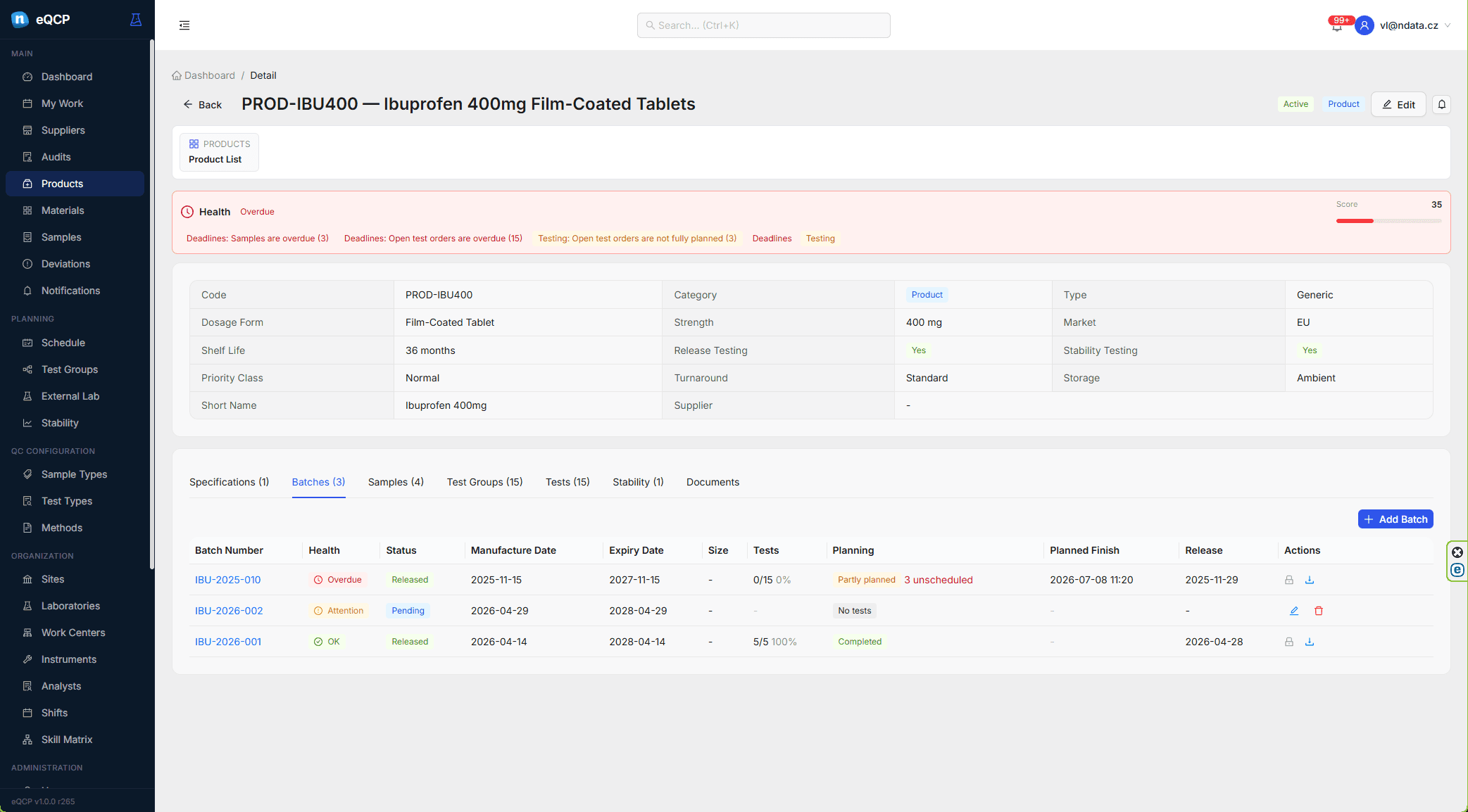 eQCP sample and test order workspace