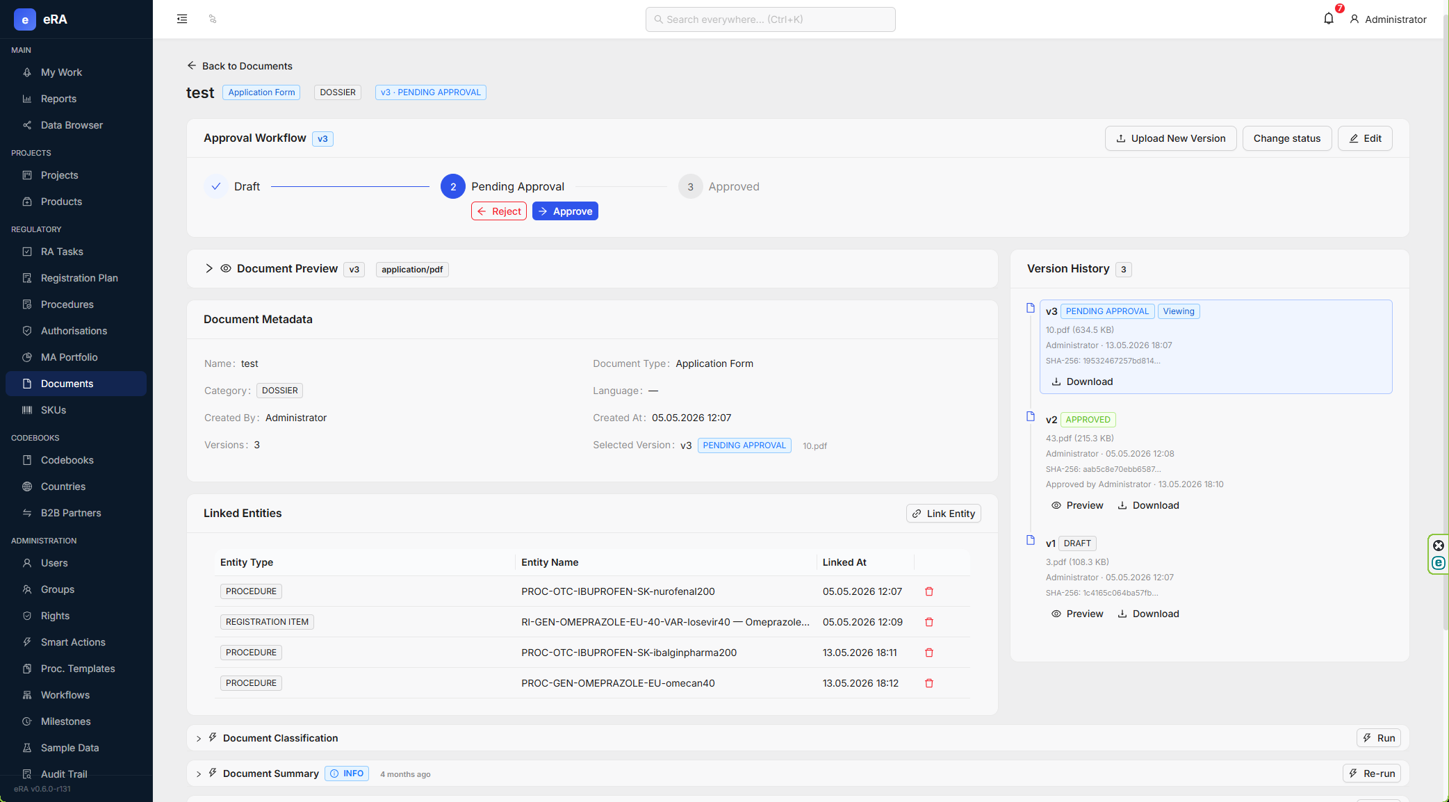eRA Document Detail with approval workflow, metadata, linked entities and version history