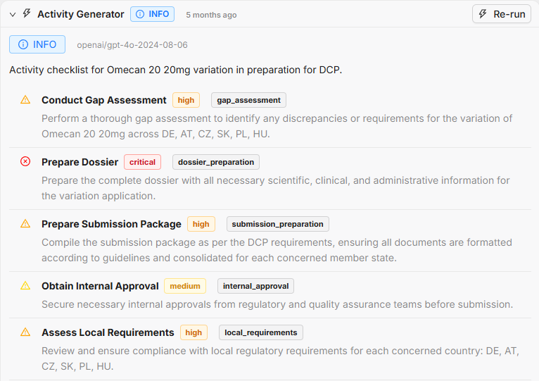 eRA Activity Generator Smart Action result with prioritized regulatory activities and structured findings