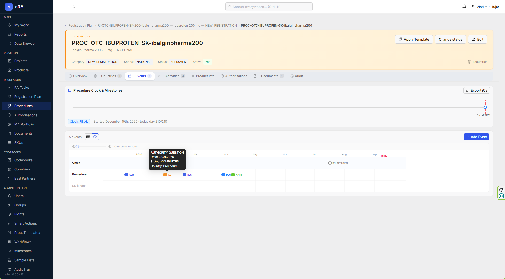 eRA Procedure Detail with workflow status, regulatory milestones and event timeline